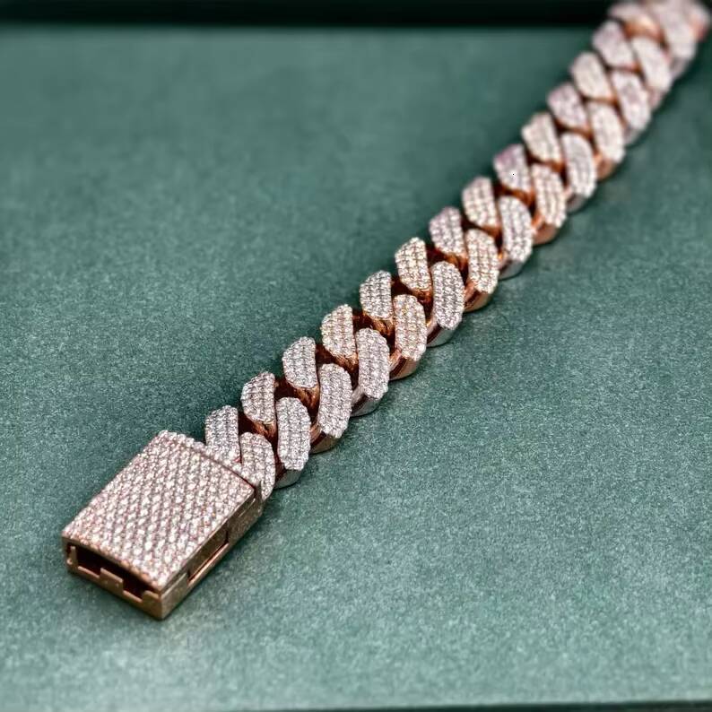 Iced Out Moissanite Cuban Link Bracelet Custom Clasp 925 Sterling Silver Rose Gold Hip Hop Moissanite Cuban Link Bracelet