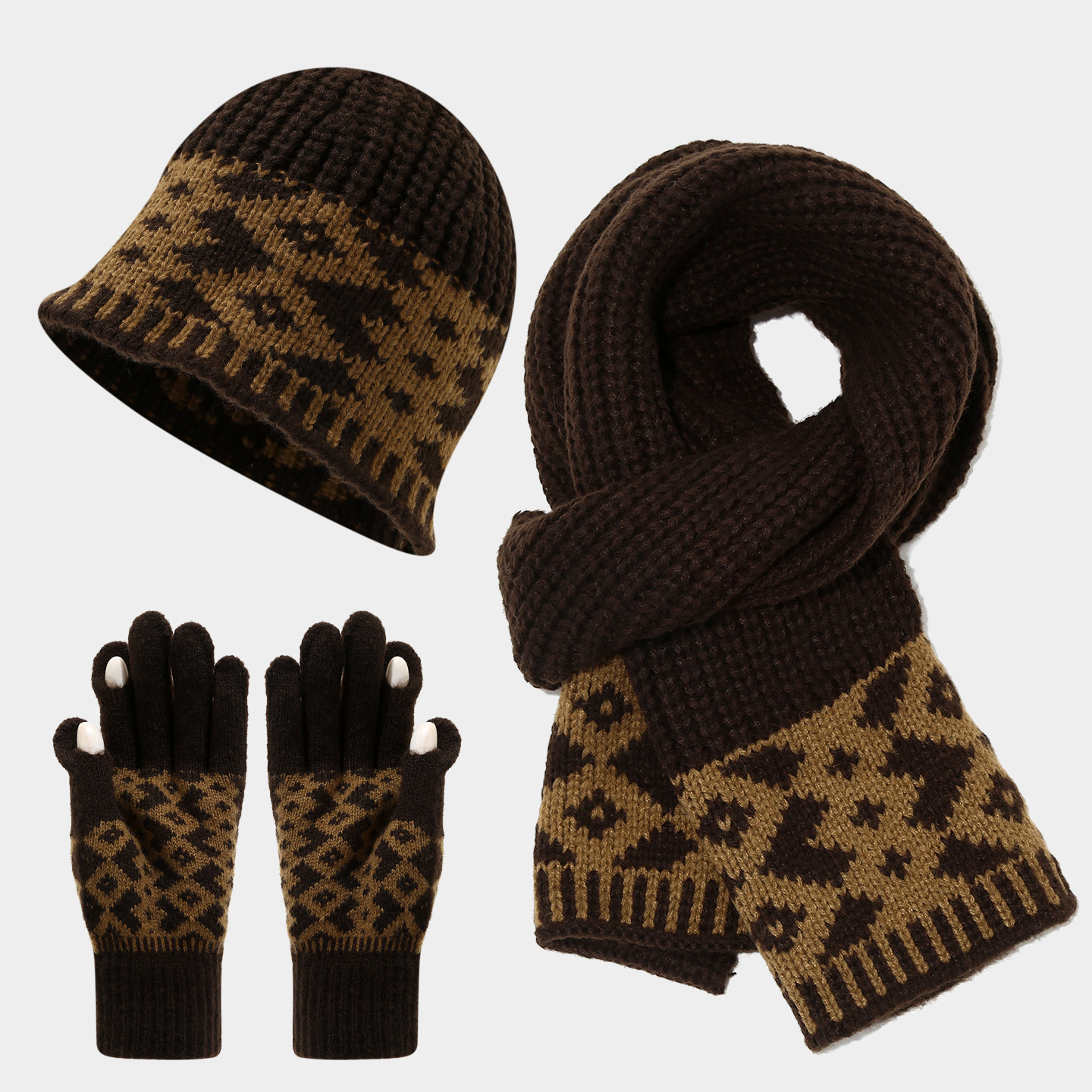 Autumn Winter Hat Warm Knitted Pullover Hat Scarf Gloves Three-Piece Set for Women Ethnic Style Fashion Ear Protection Cold-Proof Set Trendy free ship