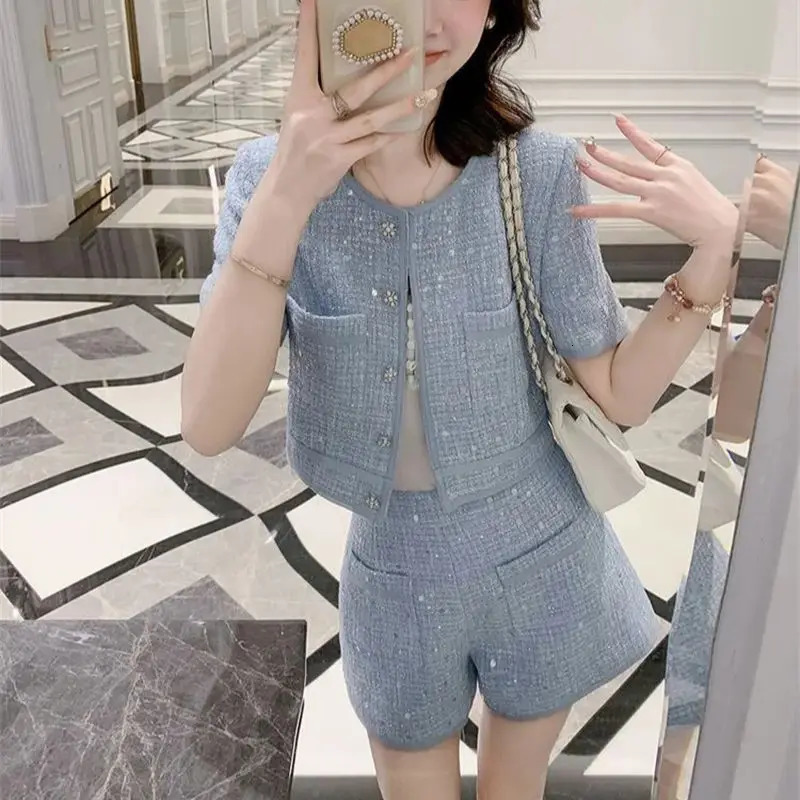 BAFU Summer Small Fragrance Tweed Outfit Elegant Two-Piece Set Women Single-Breast TopPocket Shorts Sequin Party Suit 103P 251114