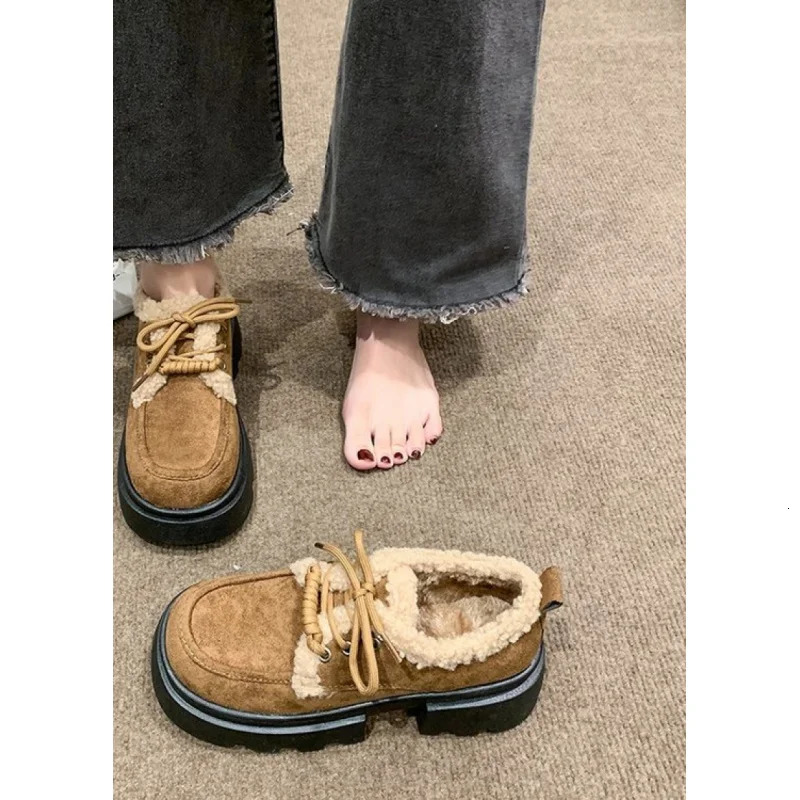 Winter Plush Lined Loafers Womens Retro Chunky Platform Fluffy Leather Shoes Comfortable Warm 251121