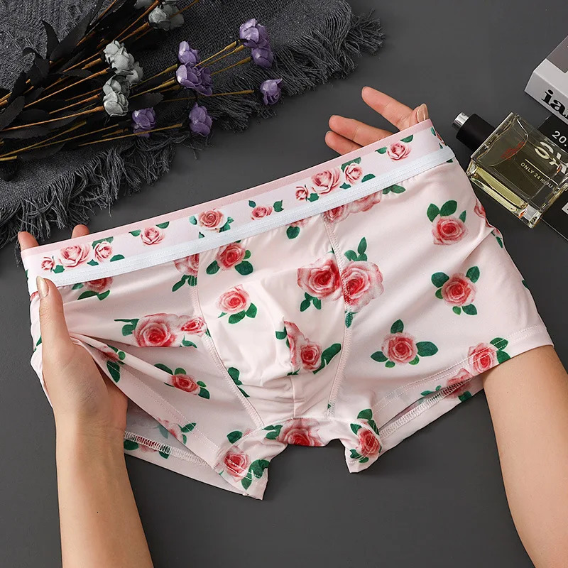 Mens boxing summer cool underwear ice silk quick drying floral printed Ushaped invisible bag 250417