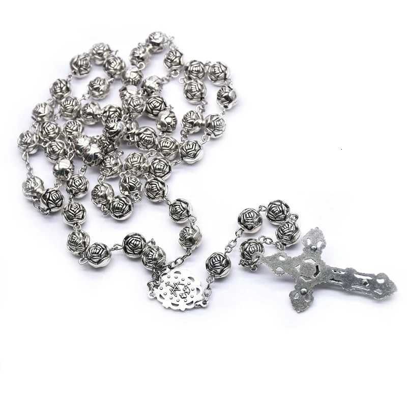 QIGO 10mm Vintage Cross Pendant Plastic Rose Rosary Necklace Catholic Prayer Jewelry GiftsXJ251121