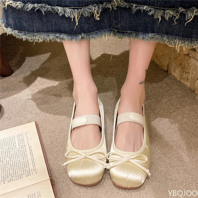 Womens Mary Jane Shoes Ballet Flats Female Bow Silk Satin shoes Round Toe Flat Women Plus Size Shallow mouth Zapatos 251121