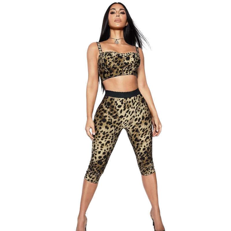 hoodie Women's Wear 025 Summer New Women's Sexy Spicy Girl Strap Style Leopard Pattern Tight Hip Hugging Seven Piece Pants, Two Pieces jacke