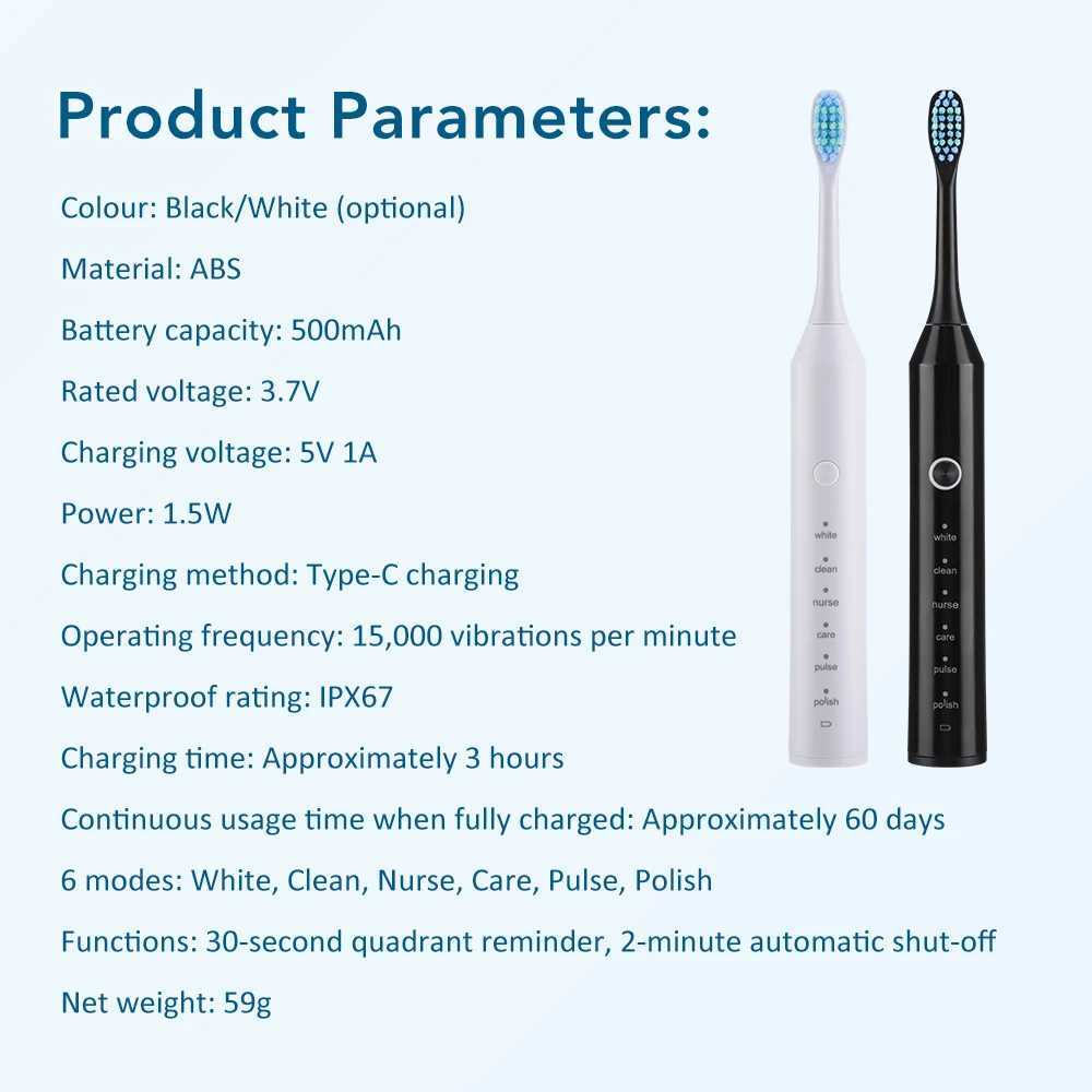 Electric Toothbrush for Adults Sonic Rechargeable 6 Modes with 4 Soft Heads Teeth Tooth Cleaner 60 Days Battery Life Oral Care C251121