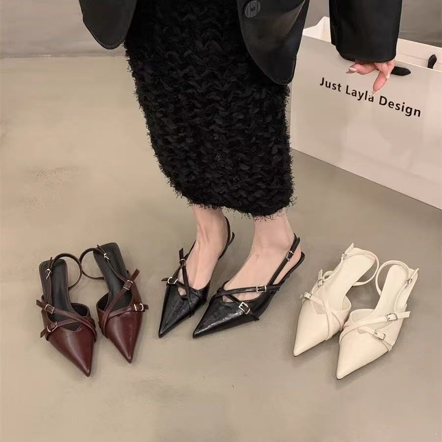 High Heeled Shoes For Women In Spring And Summer 2025 New Retro Style With Pointed Toes, Thin Heels, Belt Buckle Toe Closure Single Shoes With Skirts 