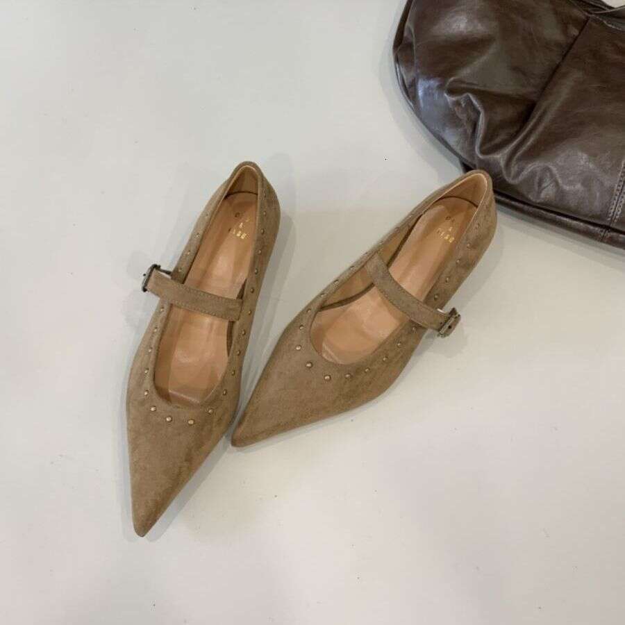 Khaki Rivet Designer Shoe Flat Heel Fall pointed toe Elegant Mary Jane womens dress Shoes