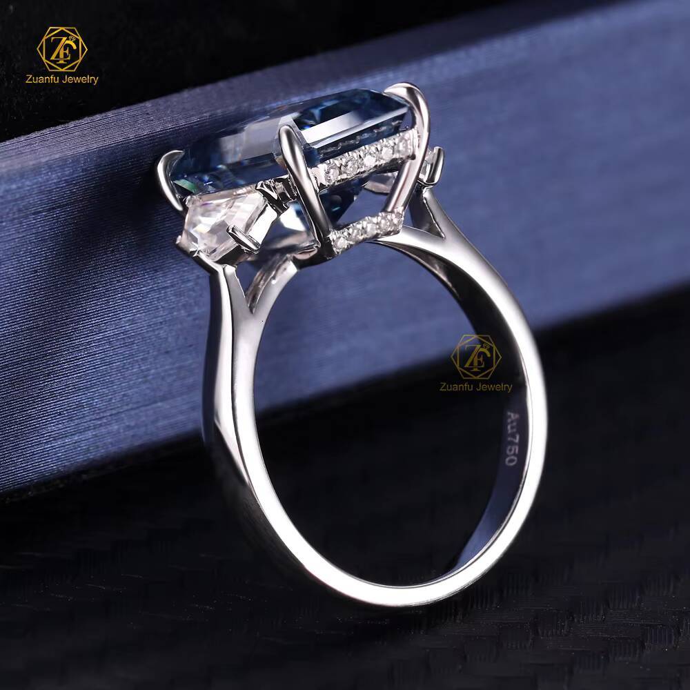 New Design 18K Solid White Gold 3 Carats Emerald Cut Blue Lab Moissanite Diamond Engagement Wedding Ring Dainty Elegant-Factory