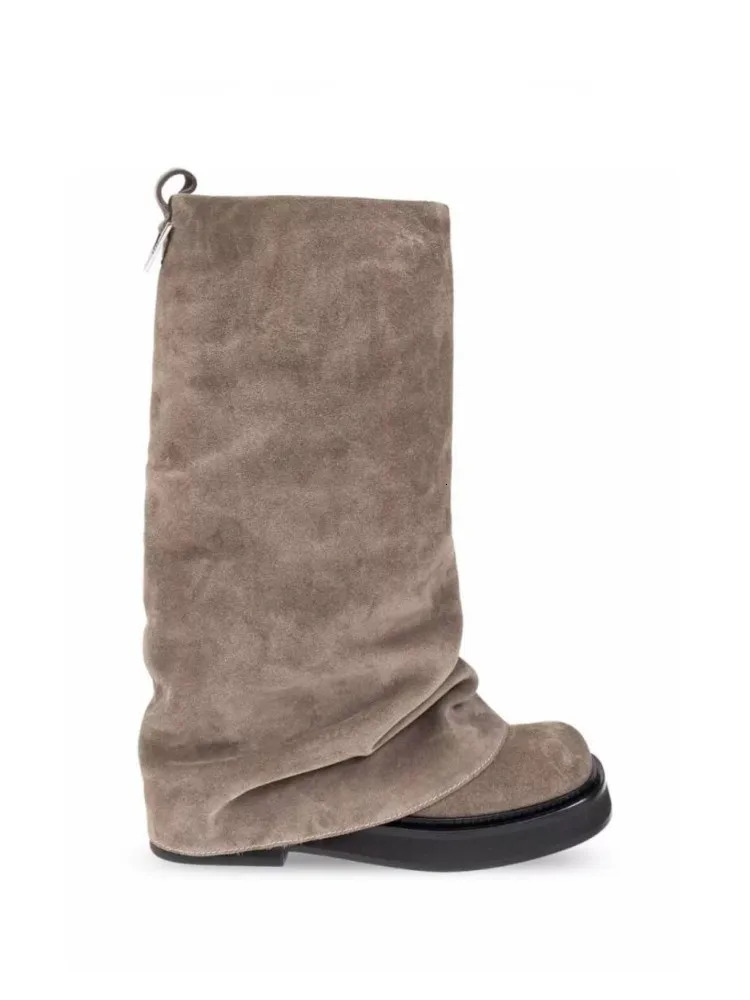 Womens Autumn and Winter Knee High Boots with Pleated Thick Sole Heel Casual Leather Midsole Knight 251121