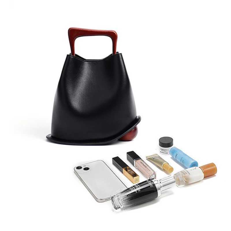 High-grade Vintage Leather Wooden Handle Bucket Bag New Irregar Niche Design Bag Casual rything Y251121