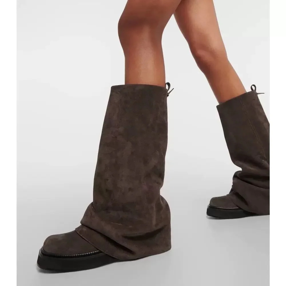 Womens Autumn and Winter Knee High Boots with Pleated Thick Sole Heel Casual Leather Midsole Knight 251121