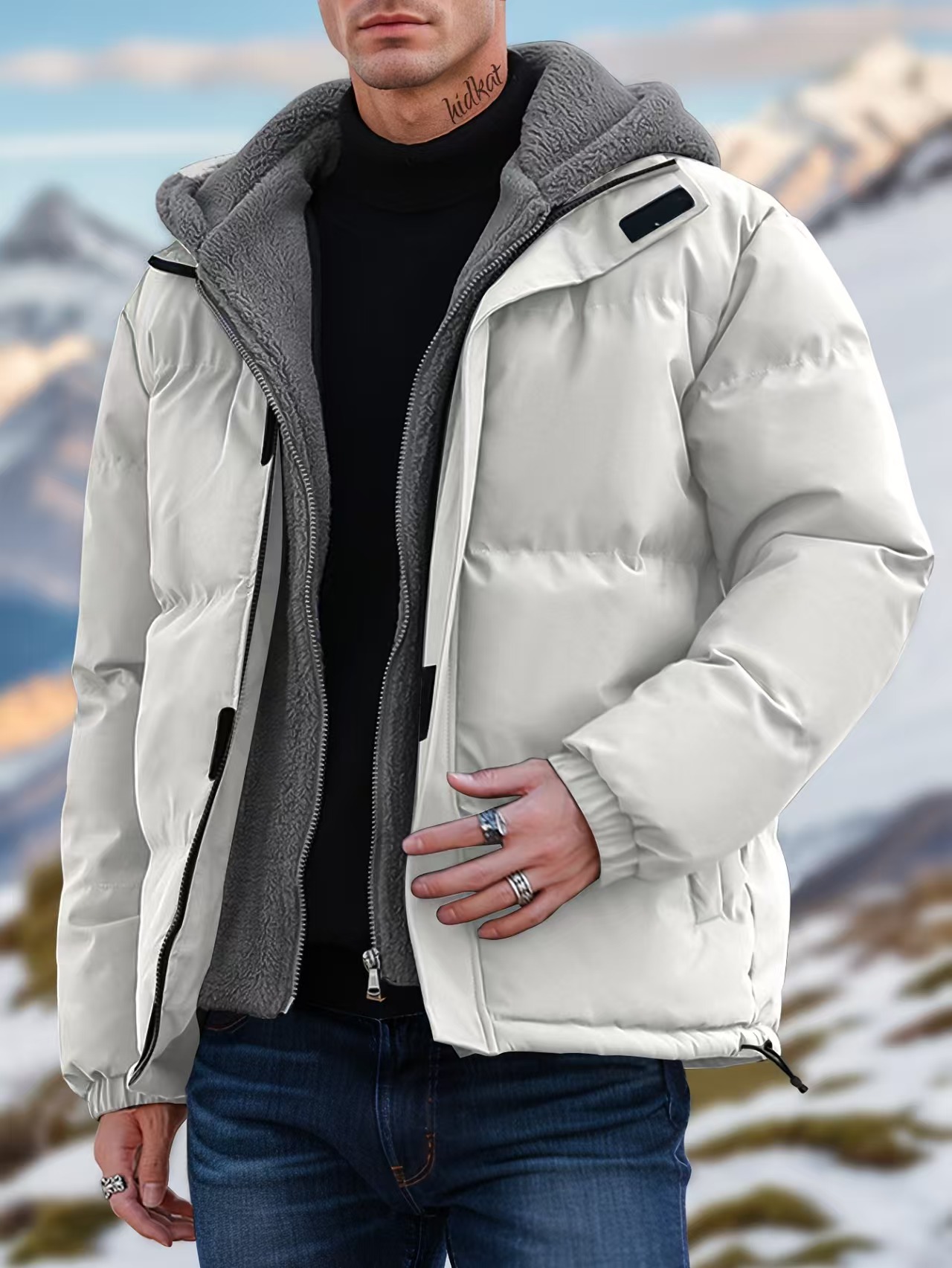 New men's autumn and winter collar and velvet diamond lattice warm cotton-padded coat#2222