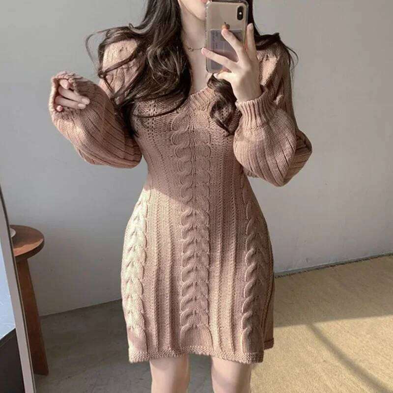 Korean Chic Autumn Gentle V-Neck Linen Pattern Design Slimming Long Sleeve A- Line Knitted High Collar Ankle-Length Dress