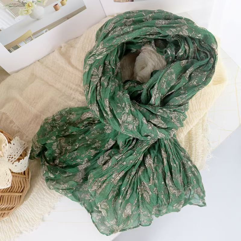 T525 natural ancient flower pleated cotton and linen texture scarf versatile silk scarf shawl autumn and winter fashion women's neck scarf