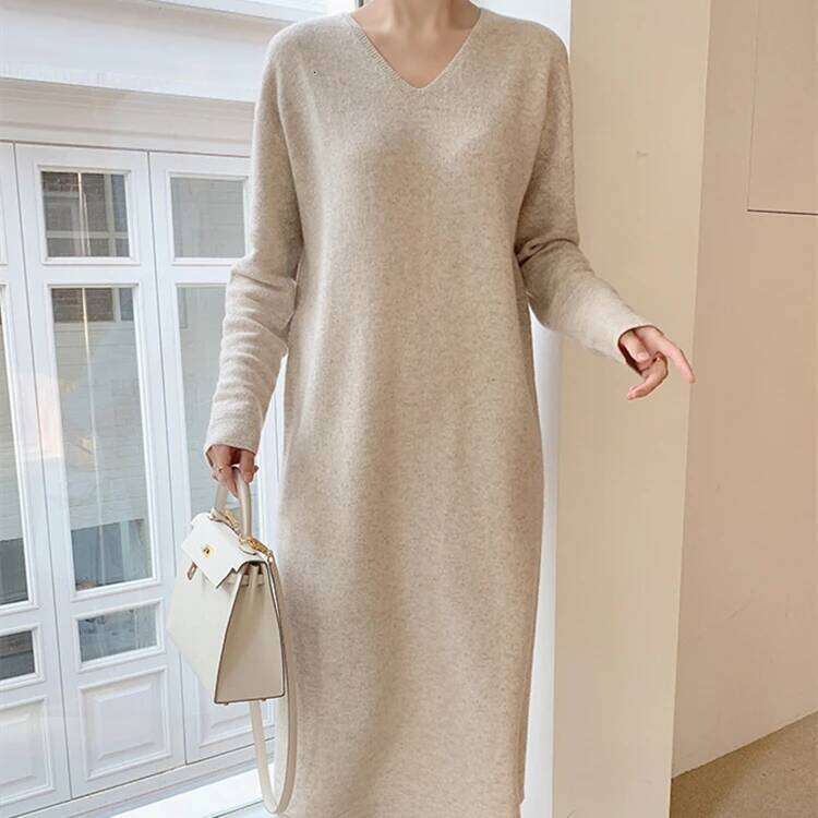 Long Sweater Autumn Winter New V Neck Knitted Loose Women Maxi Cashmere Dress Korean Style Elegant Dresses