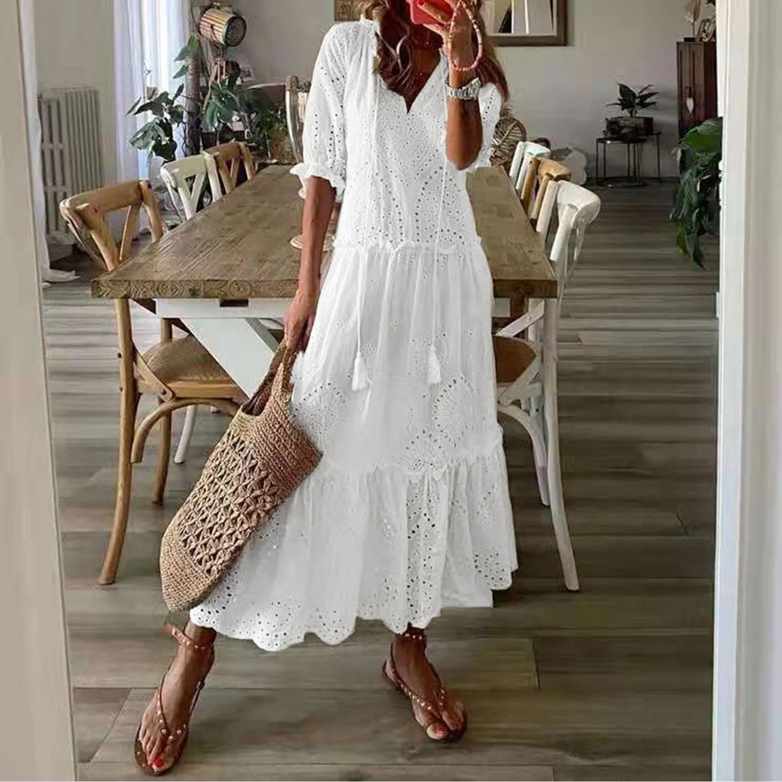 Summer Cotton White Dress For Women Casual Hollow Crochet Bohemian Loose Beach Long Dress Ladies Plus Size Holiday Ruffles Dress250414
