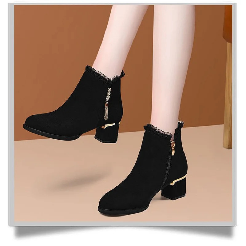 British Style Winter Boots Women Round Toe Tassel Furry Lined Mid Heel Ankle Diamond Decor Zip Side 251121