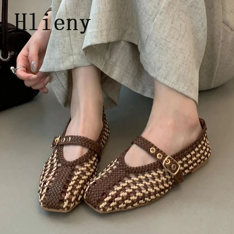 Hlieny n Weave Hemp Woman Loafers Fashion Hollow Out Square Toe Buckle Strap Casual Flat Women Mary Jane Shoes Brown 251121
