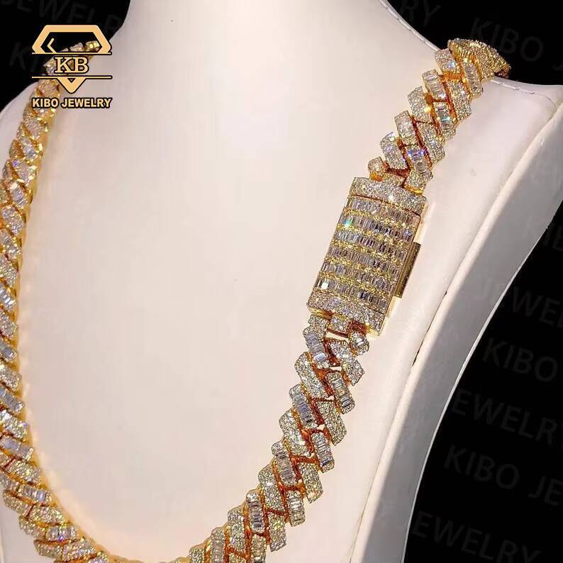 Vvs Iced Out Hip Hop 925 Silver Baguette Round Cut Moissanite Necklace Gra Diamond Moissanite Baguette Cuban Link Chain