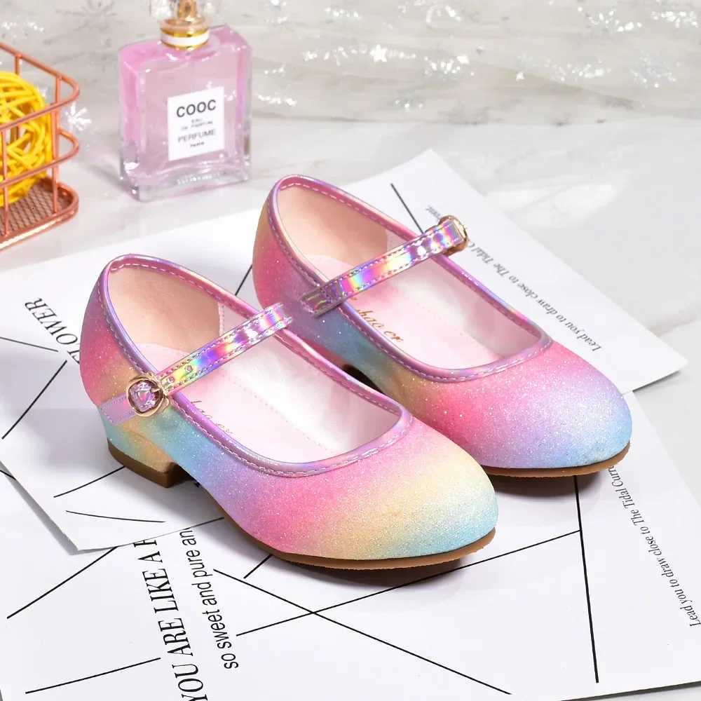 Princess Shoes for Girls Spring Autumn Glitter Fashion Kids Dress Leather Shoe Rainbow Sequins Children Party Wedding High HeelsW251121