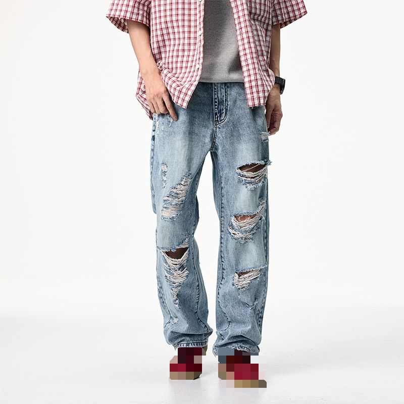 Street beggar pants, straight-leg style, monkey cat whiskers, hand-sewn with sand and washed with water---NB0081