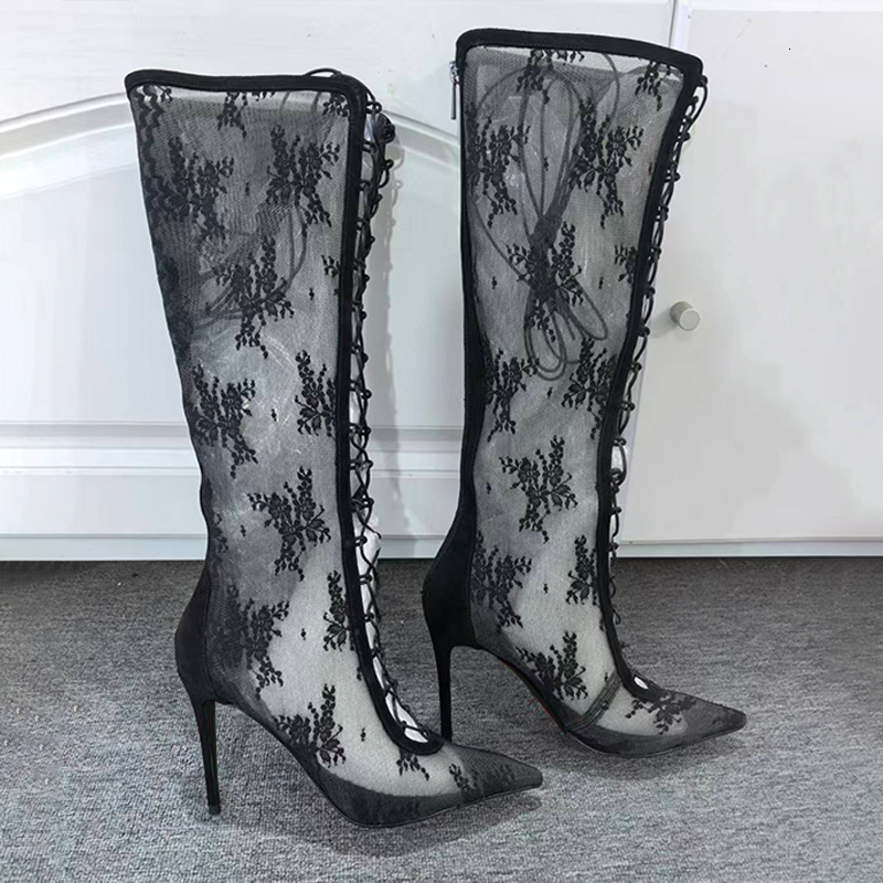 Designer Women Fashionable Elegant Lace Over the Knee Boots Black Zipper Long Boots Stiletto Heel Boots 988