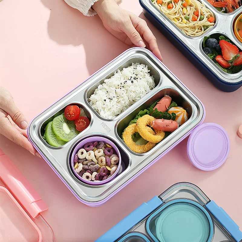 Stainless Steel 4 Divided Compartments Bento Lunch Box Kids Insulated Lunch Box for School Office Kitchen Food Storage ContainerM251121