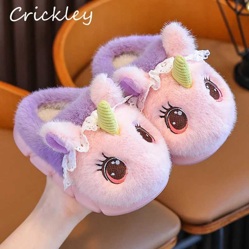 Winter Girls Slippers Cute cartoon Fluffy CHIldren Slippers Plush Warm Soft Sole Kids Indoor Cotton ShoesW251121