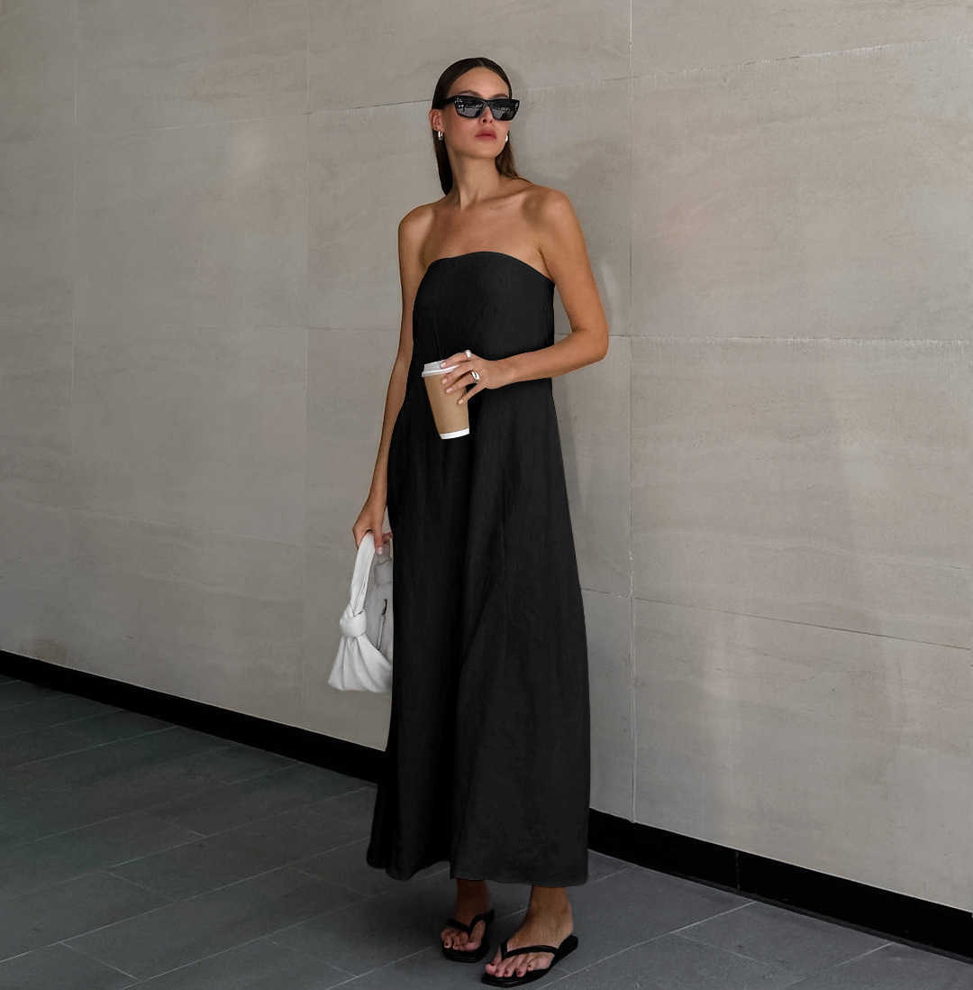 French khaki cotton and linen strapless vacation style high-waisted dress with backless back in 2025, the new summer long dress for women in Europe an