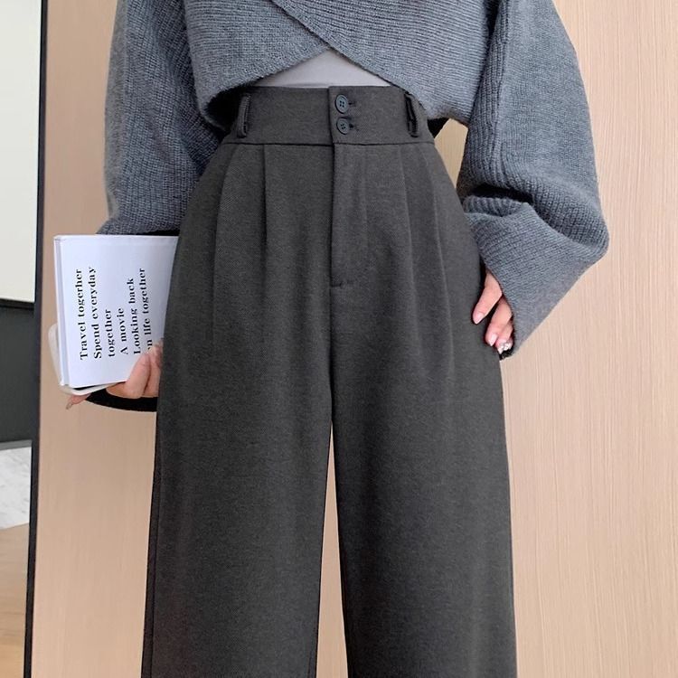 Designer luxury Gray Woolen Suit Pants for Women, Autumn Winter 2025 New High Waist Fleece Narrow Version Petite Loose Straight Wide Leg Pants