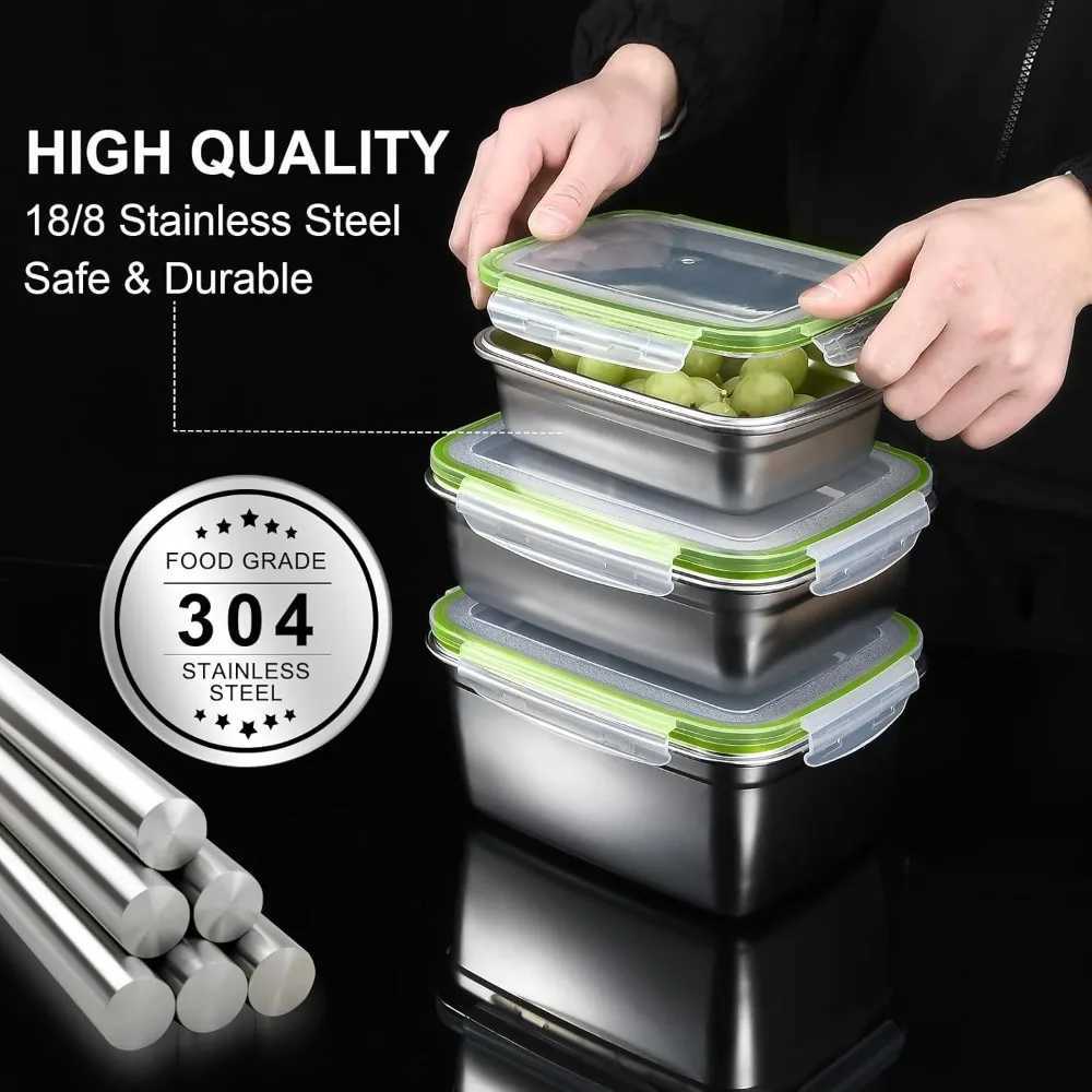 3 Pieces Stainless Steel Food Containers Food Storage Box Square Lunch Box 400/750/1200mlM251121