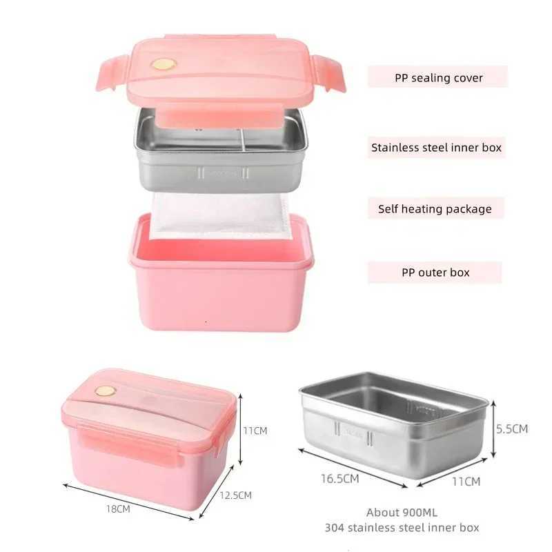 Portable Self Heating Lunch Box 304 Stainless Steel Bento Box with 3pcs Self-heating Bag for Lazy People Food Storage ContainersM251121