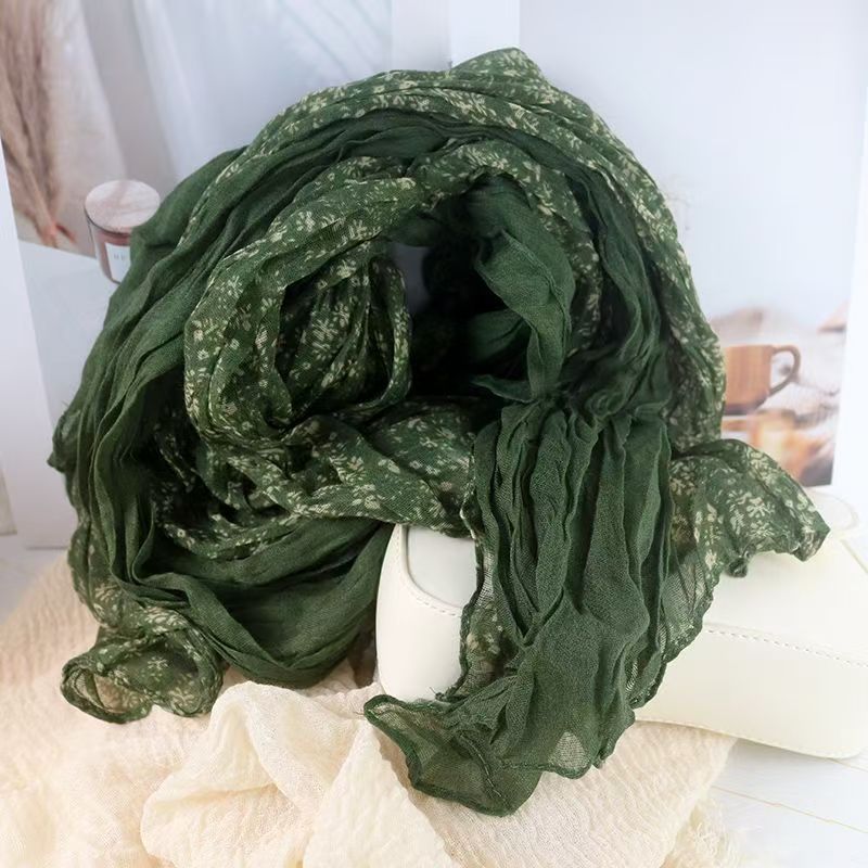 T524 natural small white flower wrinkled cotton and linen texture scarf versatile silk scarf shawl autumn and winter fashion women's neck scarf