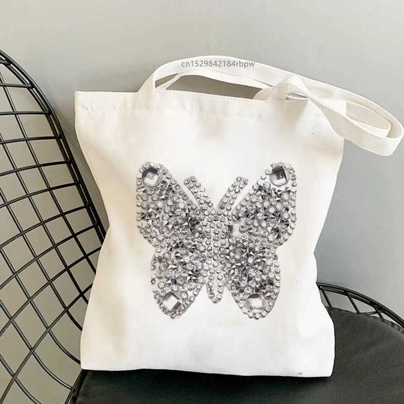 Rhinestone Butterfly Canvas Tote Bag - Sparkling Sequin Silver Black Luxury Fashion Decorative Party Shoulder Shopping Bag WomenT251121