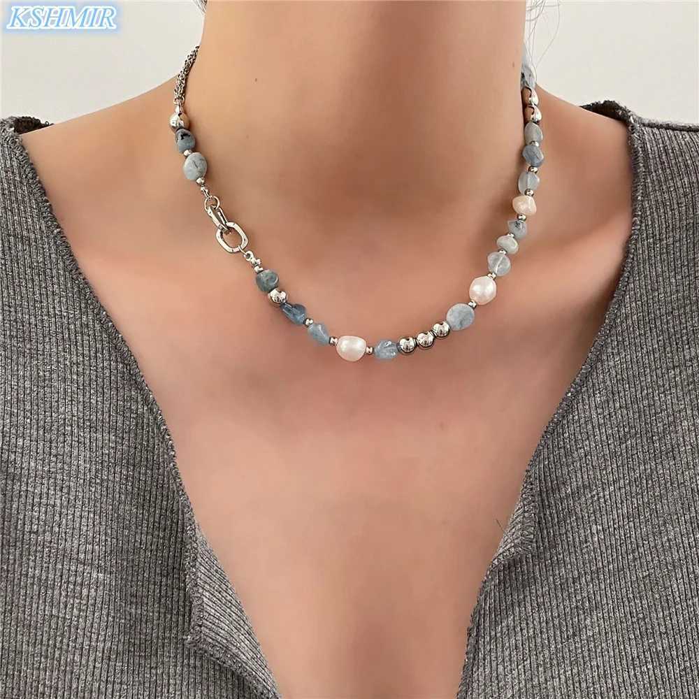 kshmir Natural stone blue crystal necklace baroque natural freshwater pearl niche design feeling fresh clavicle chain womenXJ251121
