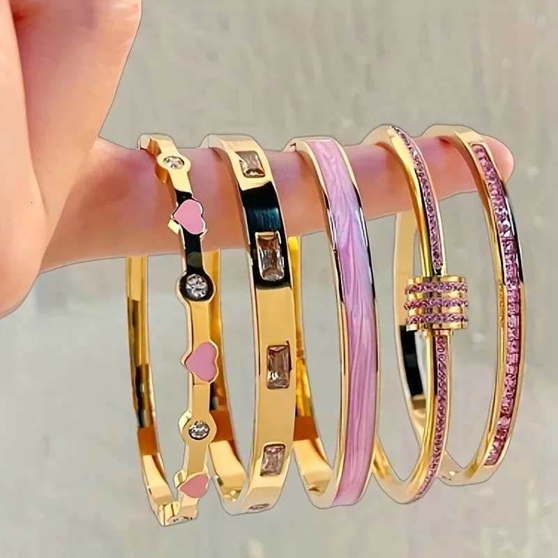 5 Stackable Gold Color Bangle Bracelet Set for Women - 18K Gold Plated Stainless Steel Pink Crystal Love Heart Bracelet JewelryW251121