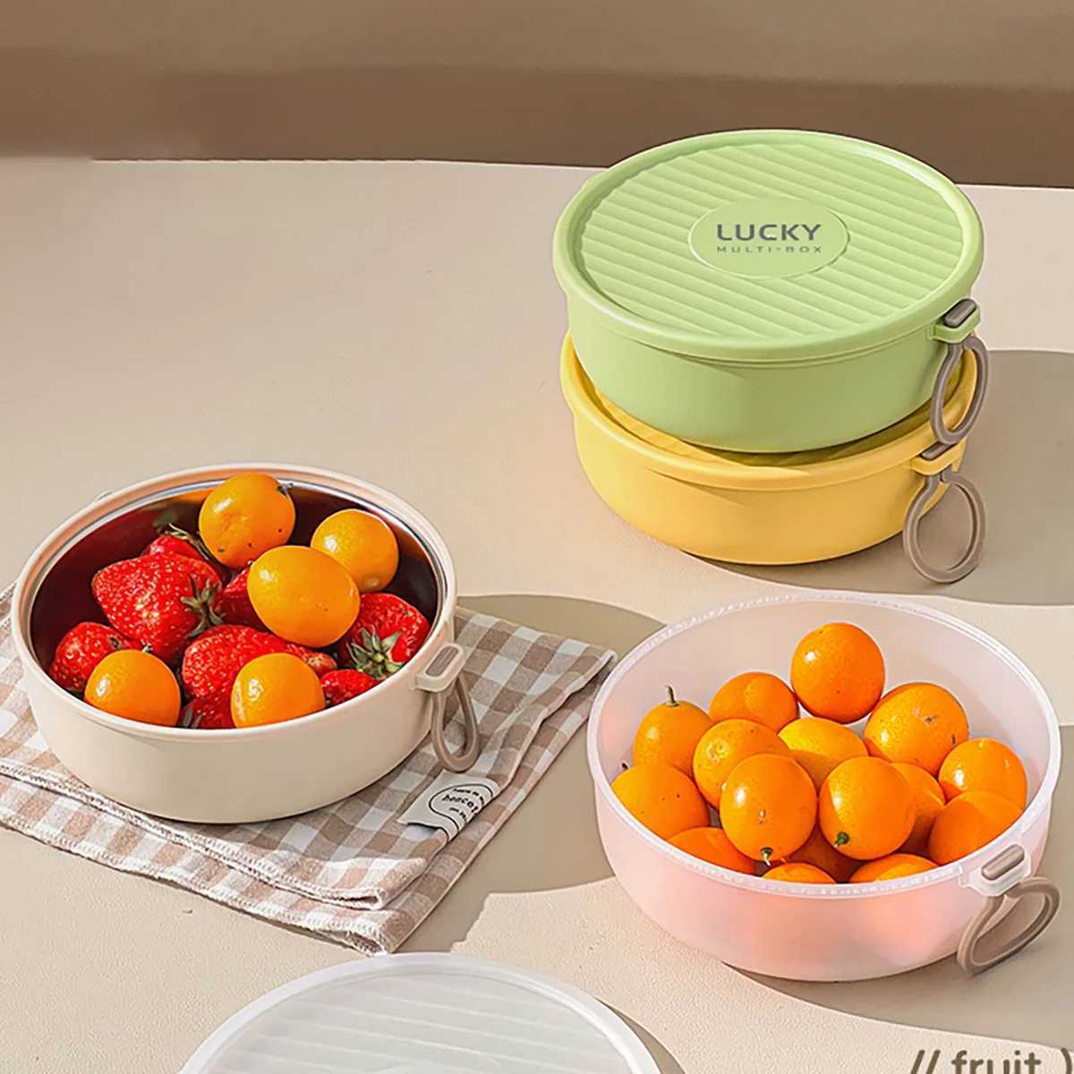 WORTHBUY Round 304 Stainless Steel Lunch Box With Rope Portable Detachable Double-layer Food Container Sealed Fruit Bento BoxM251121