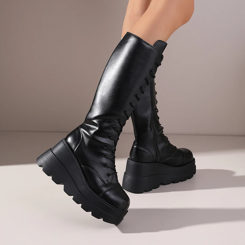 Autumn Winter Womens Black LaceUp Knee High Riding Boots Platform Heel Equestrian Leg Slimming Tall 251121