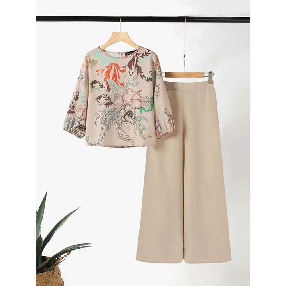 Designer Clothing Designer Clothing ZANZEA Spring 2Pcs Outfits Women Pant Sets 3/4 Sleeve Ral Printed Blouse Loose Trousers Suits Elegant Work Tracksu