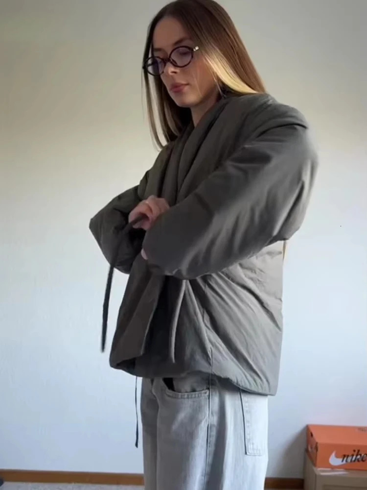 Fashion Lace Up Padded Cotton Jacket Women 2025 Winter Casual Loose Parkas Coat Vintage Outwear Female Warm Quilted Outerwears 251111