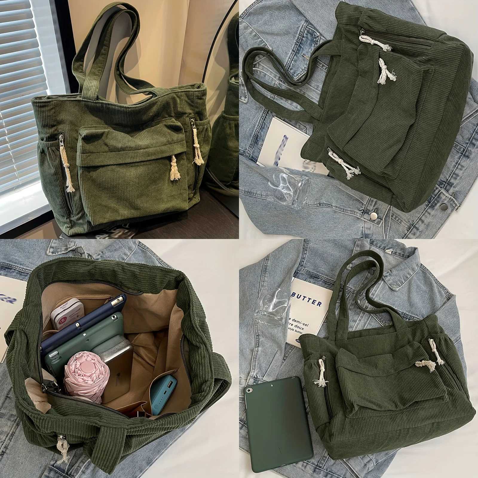 Corduroy Tote Bag with Multiple Pockets Casual Chic Handbag Women Shoulder Bags for Woman Perfect for Shopping Commuting TravelT251121
