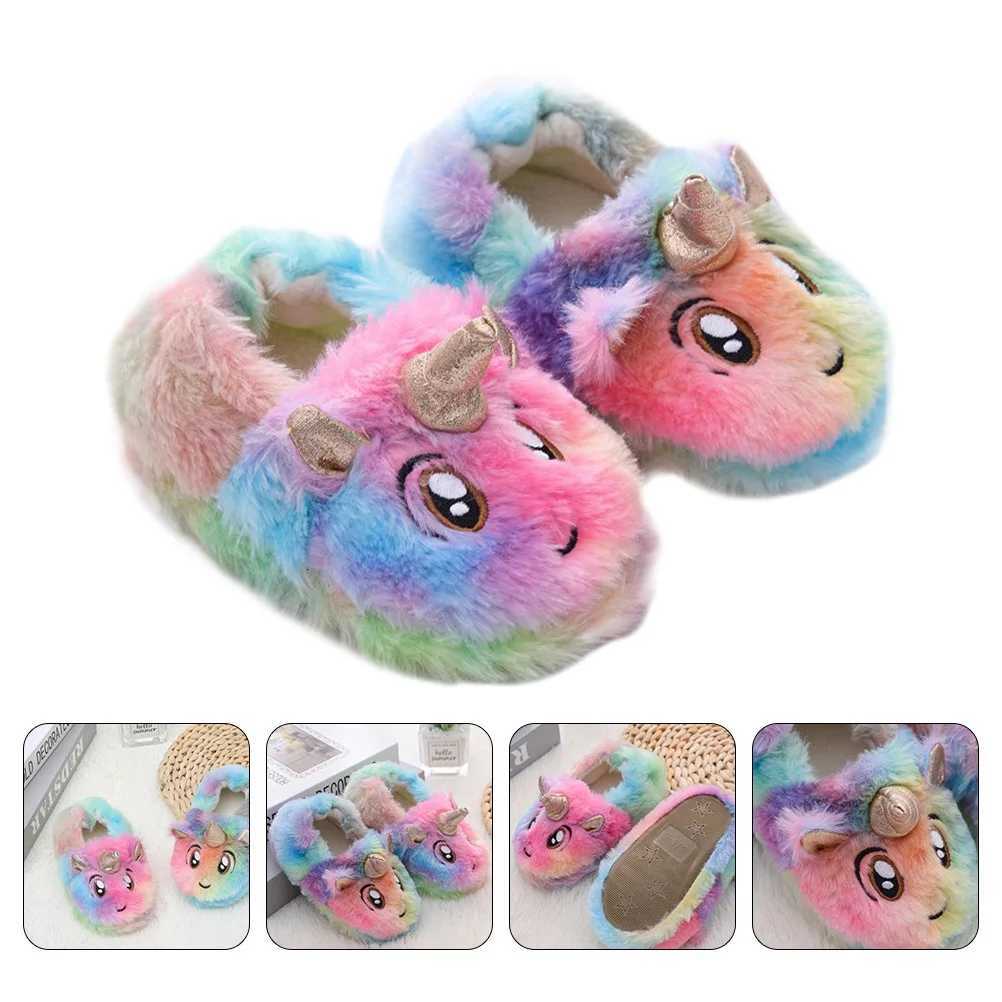 1Pair Children Winter Slippers Unicorn Design Warm Bedroom Shoes Soft Indoor Kids Slip-on Household Footwear Winter SlippersW251121