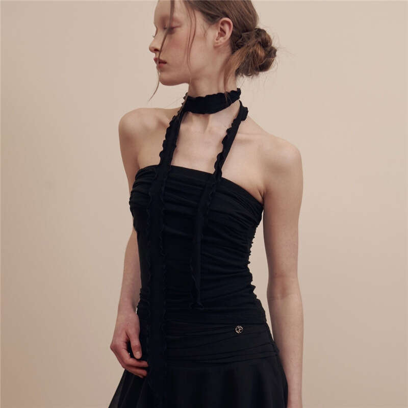 hoodie Women's Wear Spring New Women's Solid Color Slim Fit Fashion One Line Neck Pleated Sexy Backless Tank Top jacket