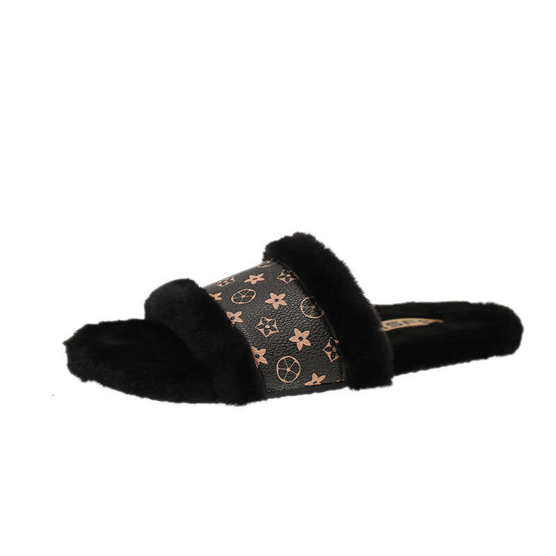 Fashion Designer Slippers for Women Ladies Anti slip Slides Winter Fleece Lined Indoor Home Use One-Strap Warm Cotton Slippers