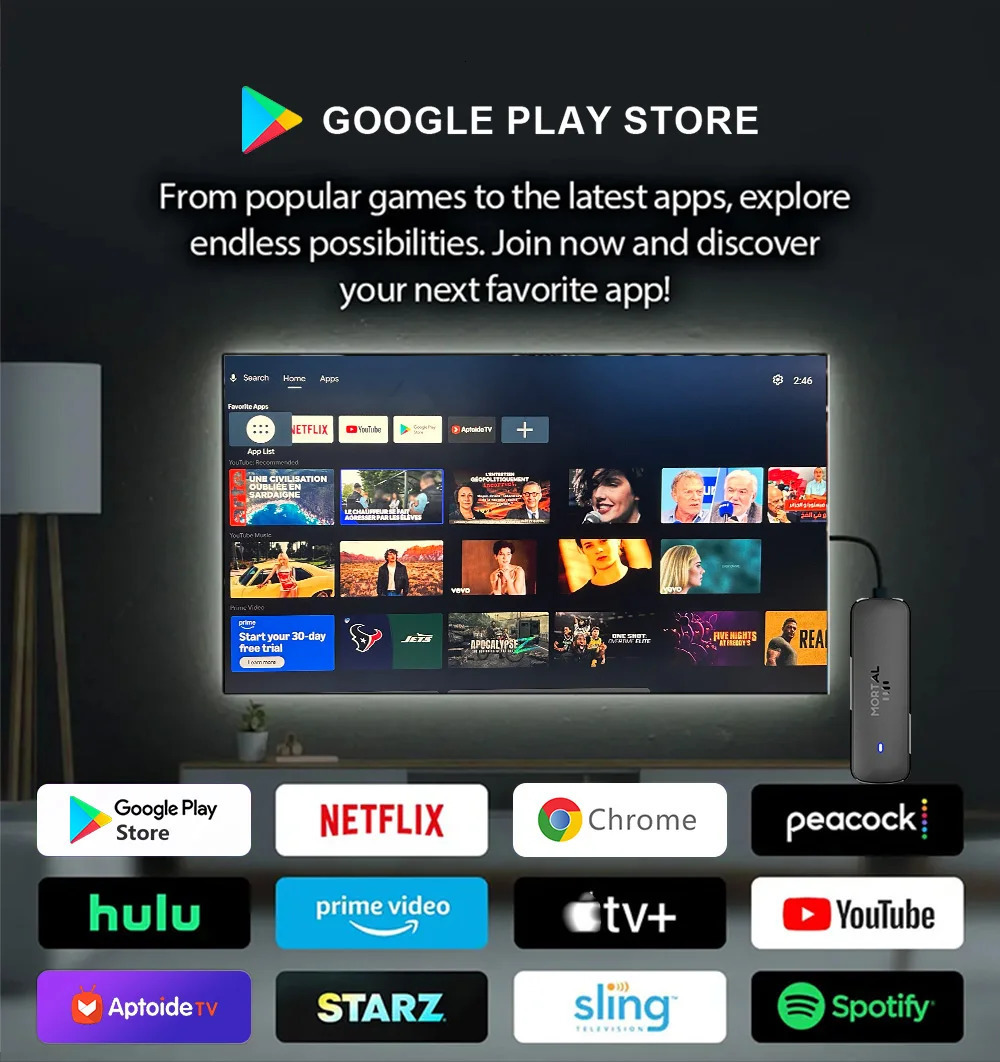 Mortal Android 14 TV Stick Full HD 4K 1080P WiFi 6 Google Voice NETFLIX Q8 BT5 24Fps Wireless Video Decode Media Player 251114