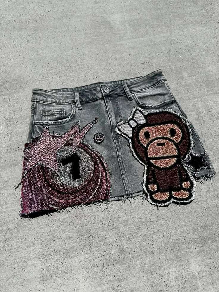 Haruku Retro Y2k Mini Oversized Pattern Patchwork Goth Hop High Waist Hip Skirt Street All Match Denim A E Skirts