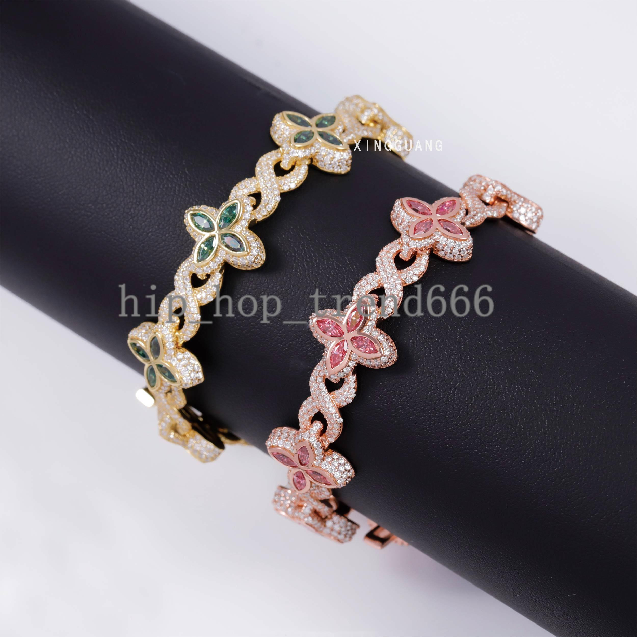 Hot Sale Women Fine pink Green Diamonds Moissanite Clover Charms Infinity Cuban Links Bracelet 925 Silver Cuban Chain Jewelry