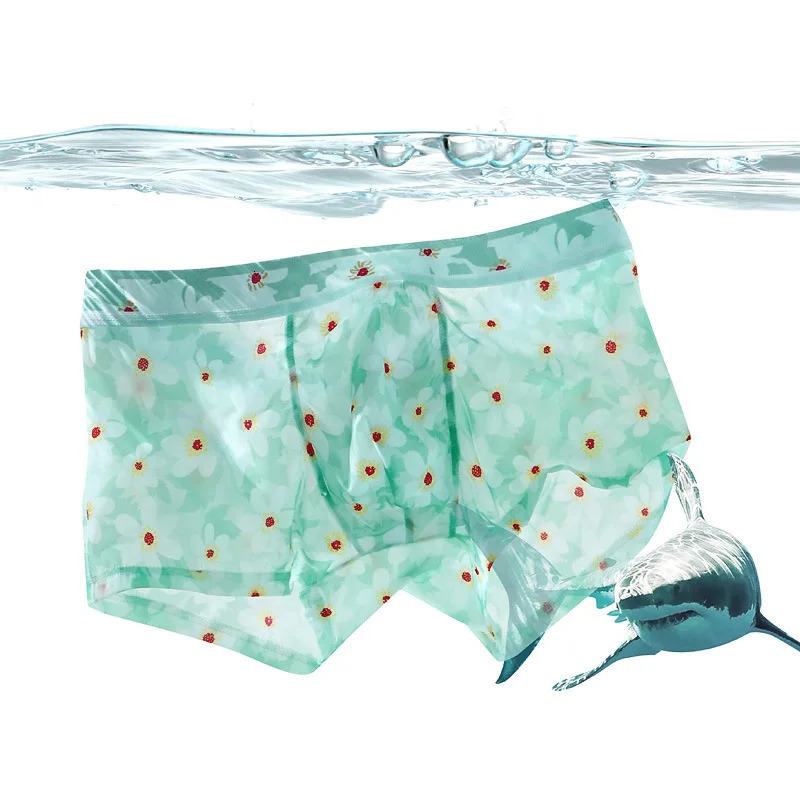 Mens boxing summer cool underwear ice silk quick drying floral printed Ushaped invisible bag 250417
