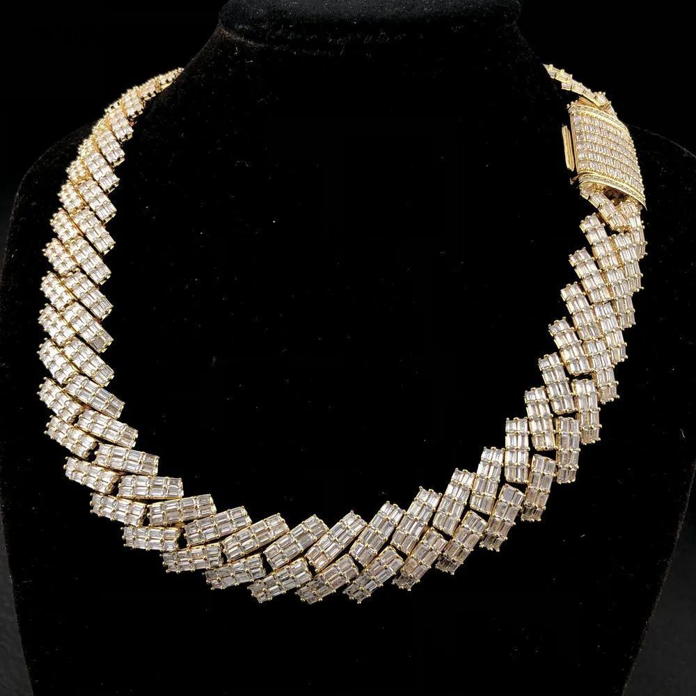 Hip Hop Rapper Jewelry 19mm 925 Silver Double Row Baguette Moissanite Miami Iced Out Cuban Chain Link Necklace