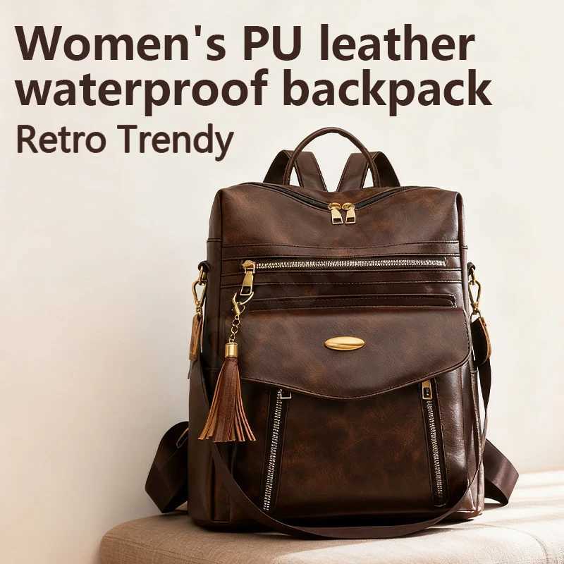 New Womens PU Leather Waterproof Anti-theft Designer Large Retro College Travel Backpack Shoulder Bag Wallet with Tassel BrowW251121